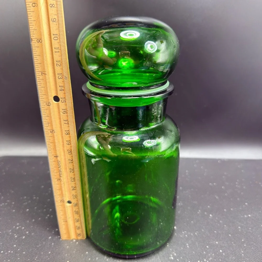 Vintage Emerald Green Glass Apothecary Jar Bubble Lid Made in Belgium 8.5